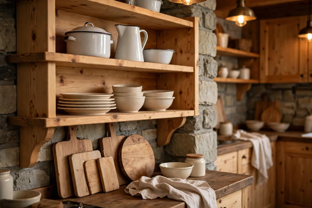Swiss kitchen with open shelving holding white enamelware and cream stoneware.