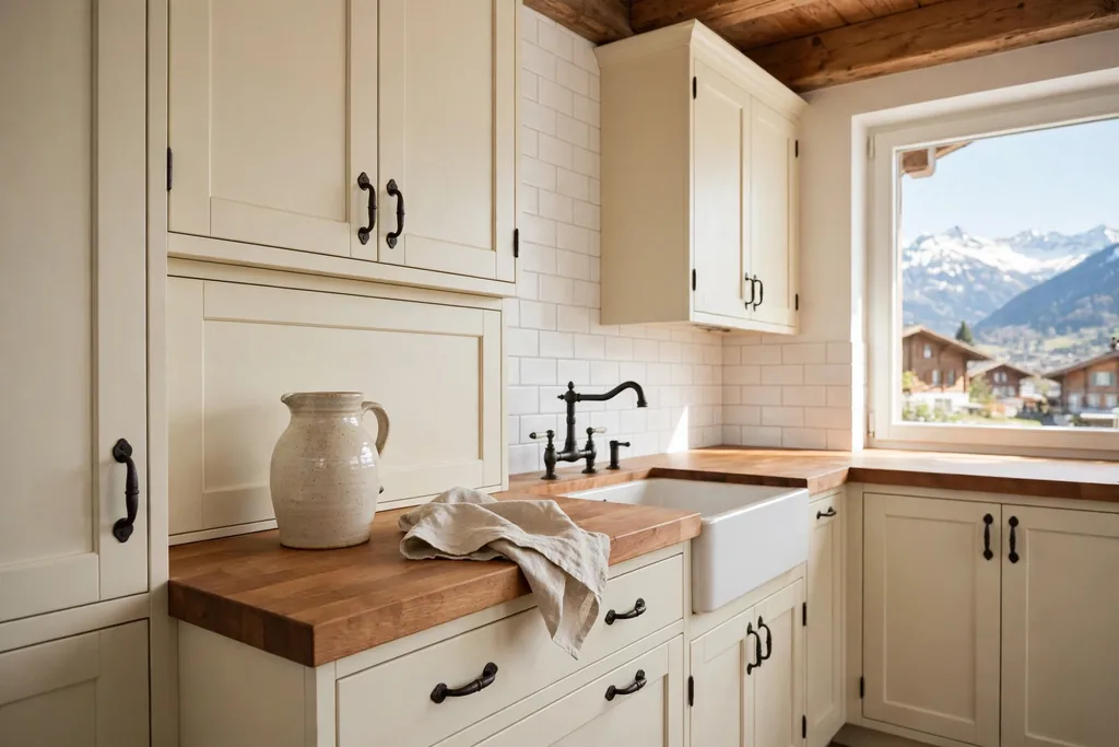 Swiss kitchen with warm wood worktops and cream painted cabinets.