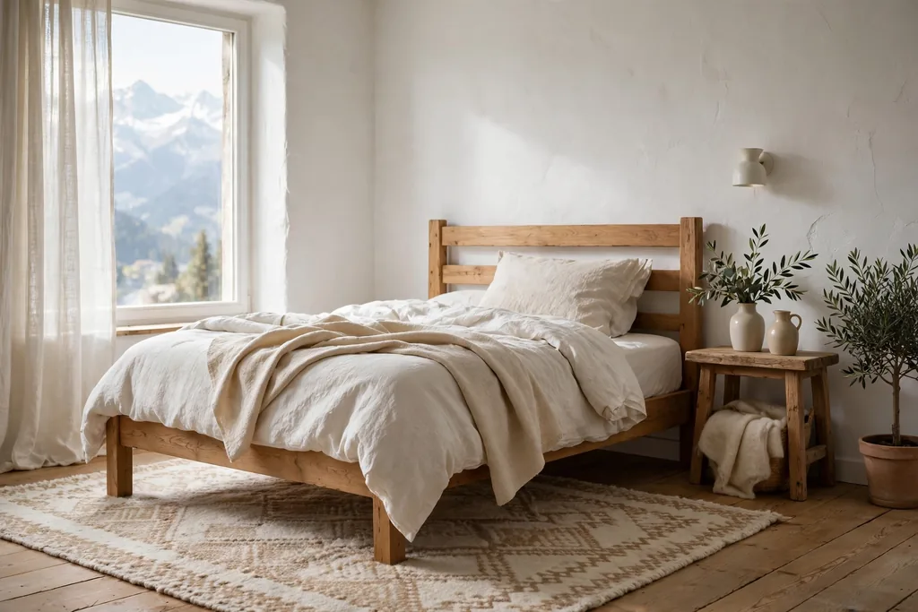 Swiss bedroom with white plaster walls and a timber bed frame.