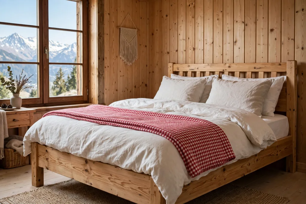 Swiss bedroom bed dressed in warm white linen with a red gingham throw.