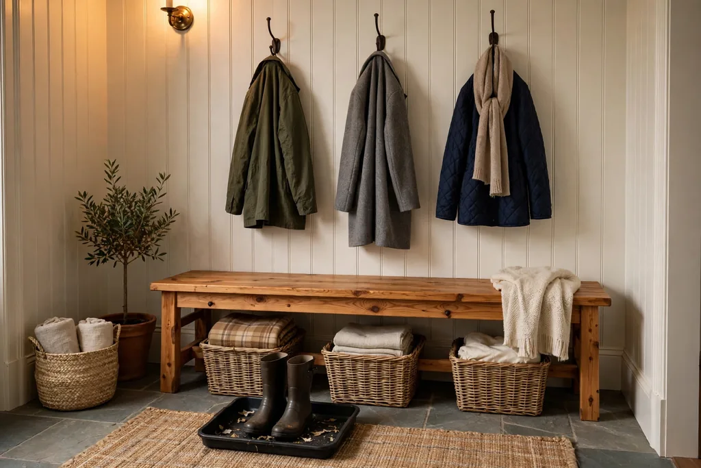 Entry mudroom bench in pine with wall hooks and woven baskets below.