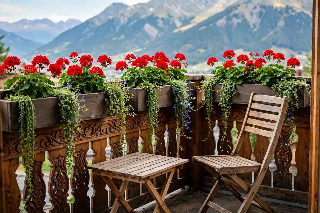 Balcony with planters of geraniums on a carved wood railing.