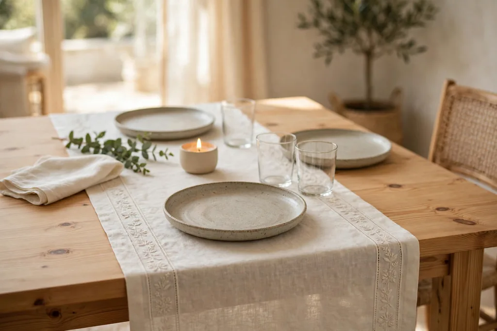 Dining table with an embroidered linen runner and stoneware place settings.