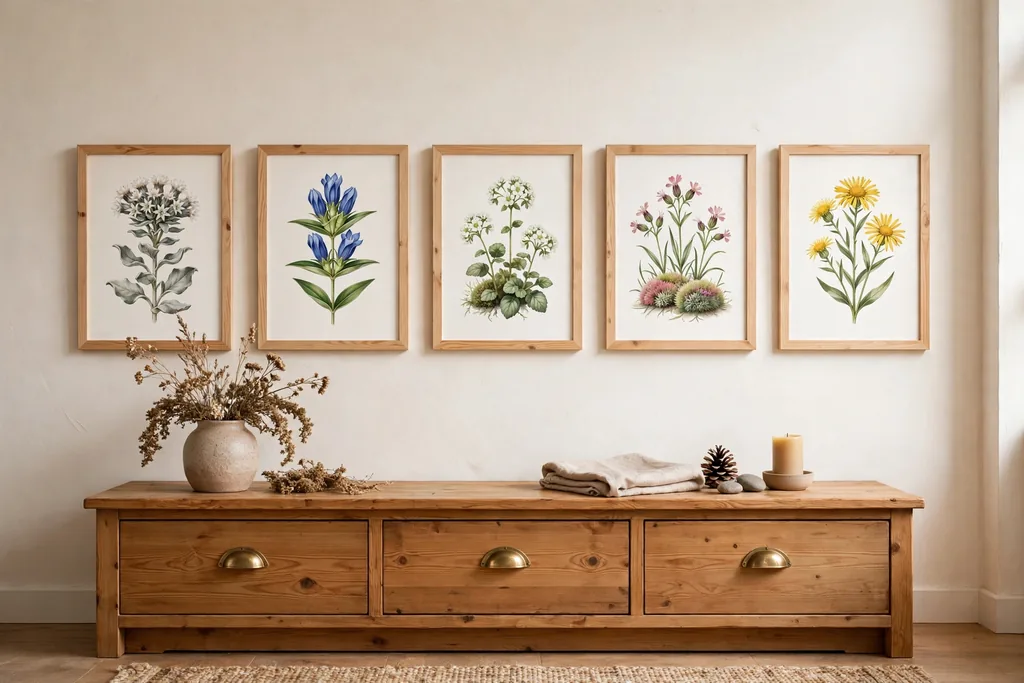 Row of framed edelweiss and alpine botanical prints above a dresser.