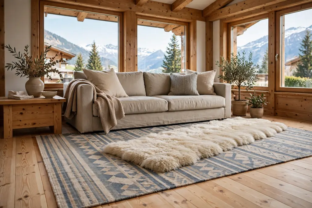 Swiss living room with layered wool rugs over a pine wood floor.