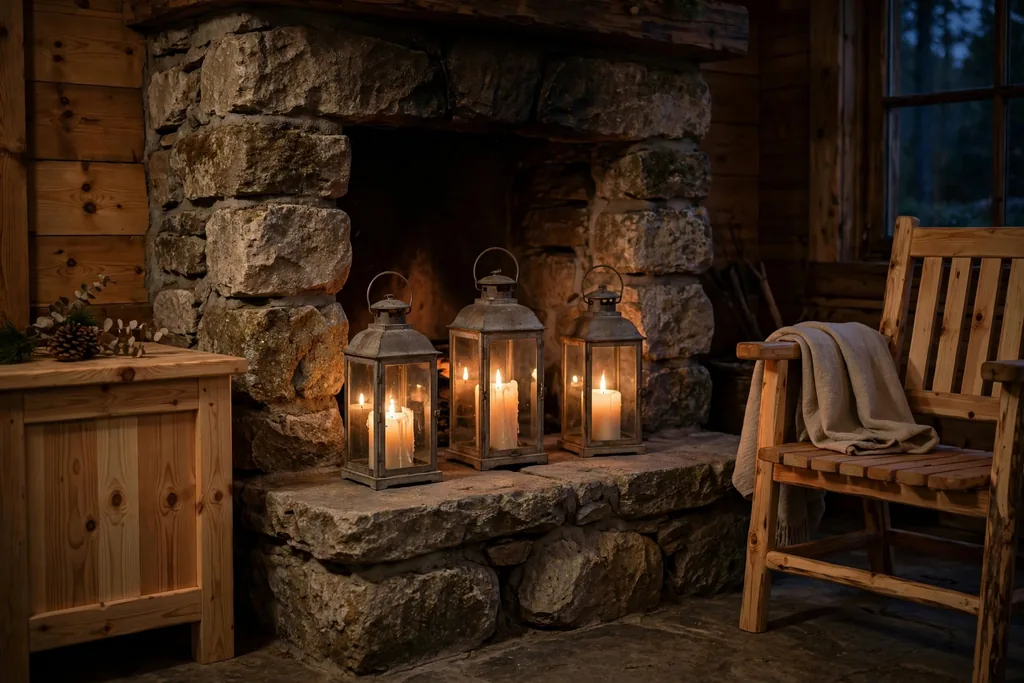 Stone hearth with glass lanterns and pillar candles in the evening.
