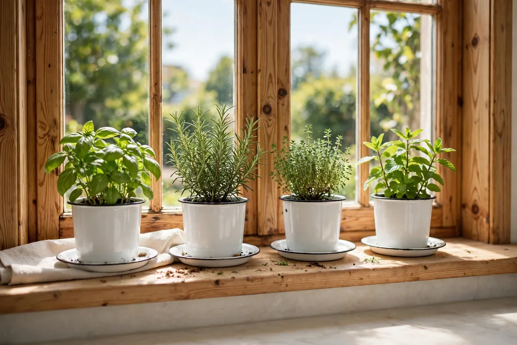 Kitchen windowsill with herbs growing in white enamel pots.