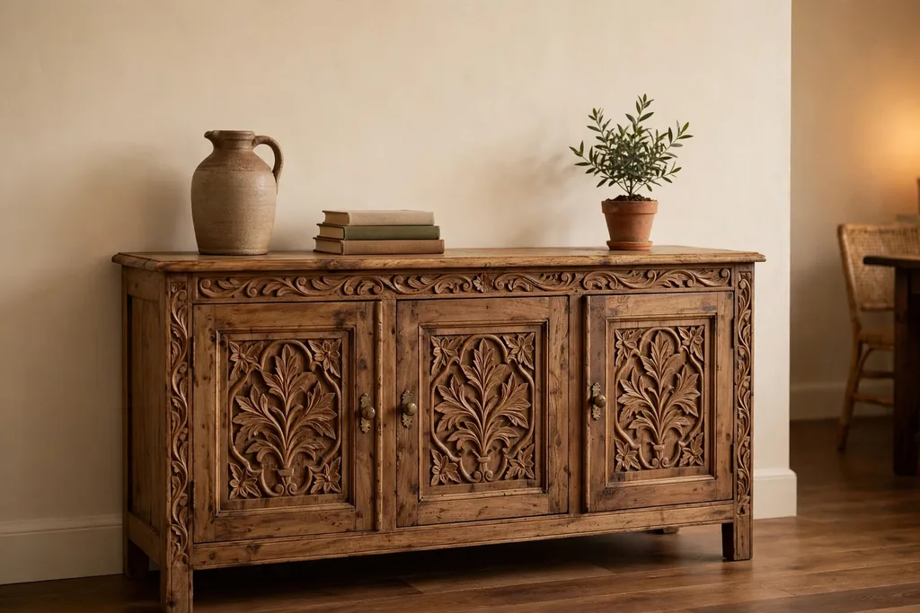 Carved wooden sideboard styled with a stoneware jug
