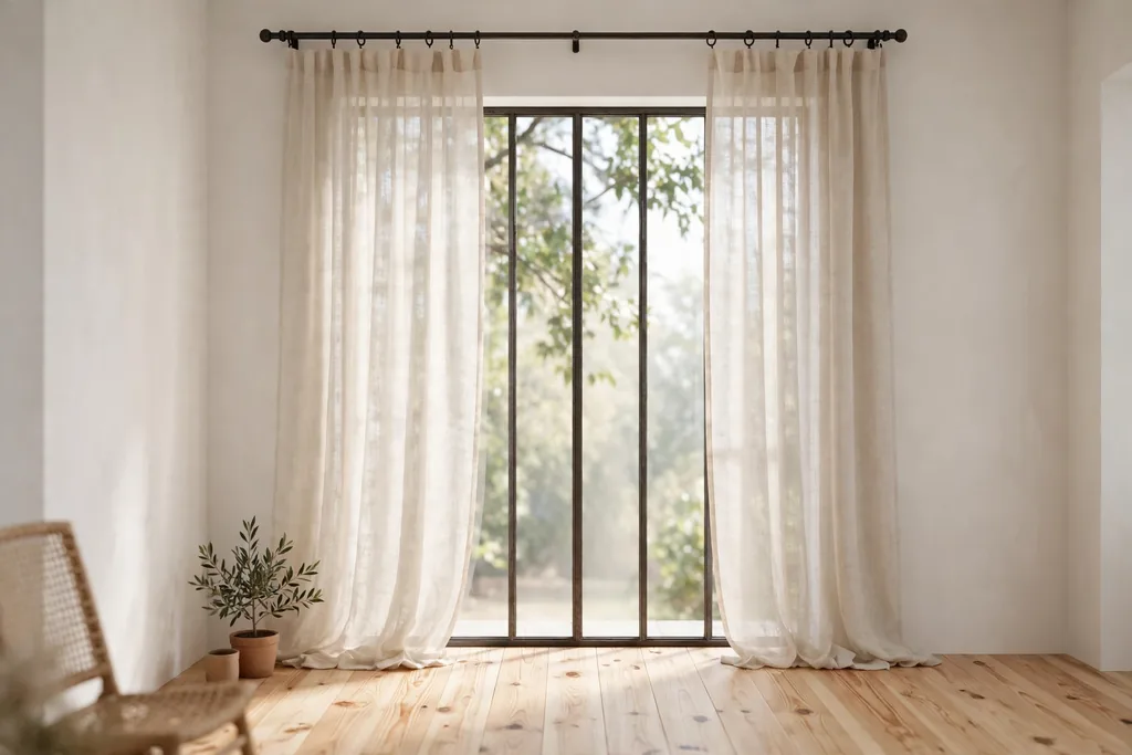 Room with sheer linen curtains in warm white on a dark iron rod.