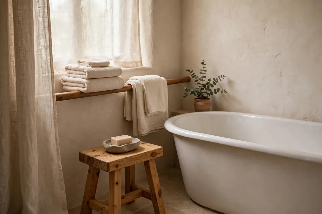 Small bathroom with a pine stool