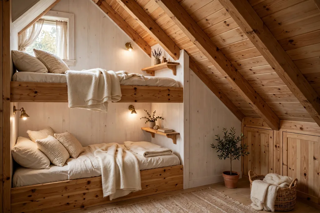 Attic bedroom with pine bunk beds