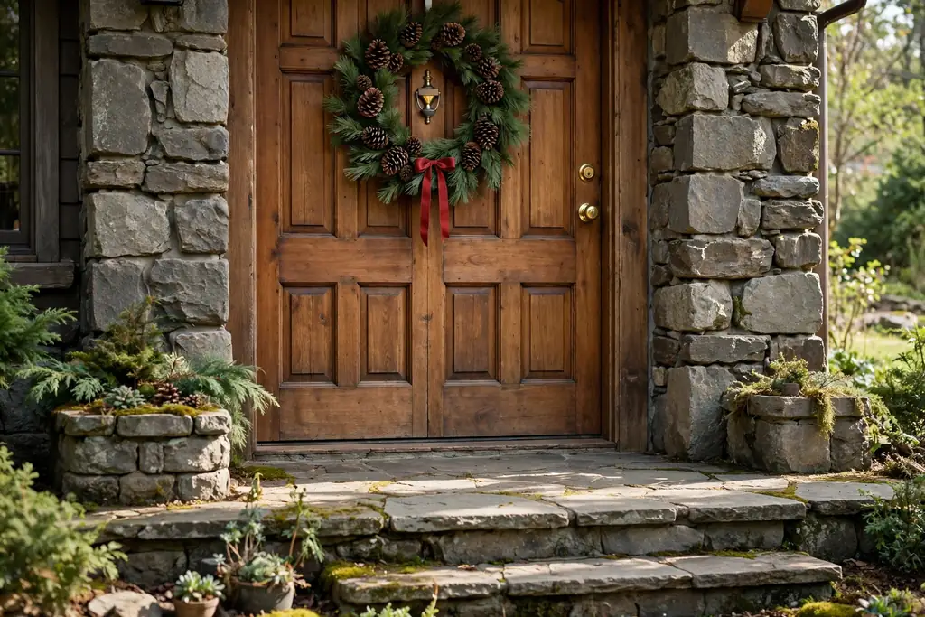 Front door with a pinecone and pine branch wreath and a red ribbon.