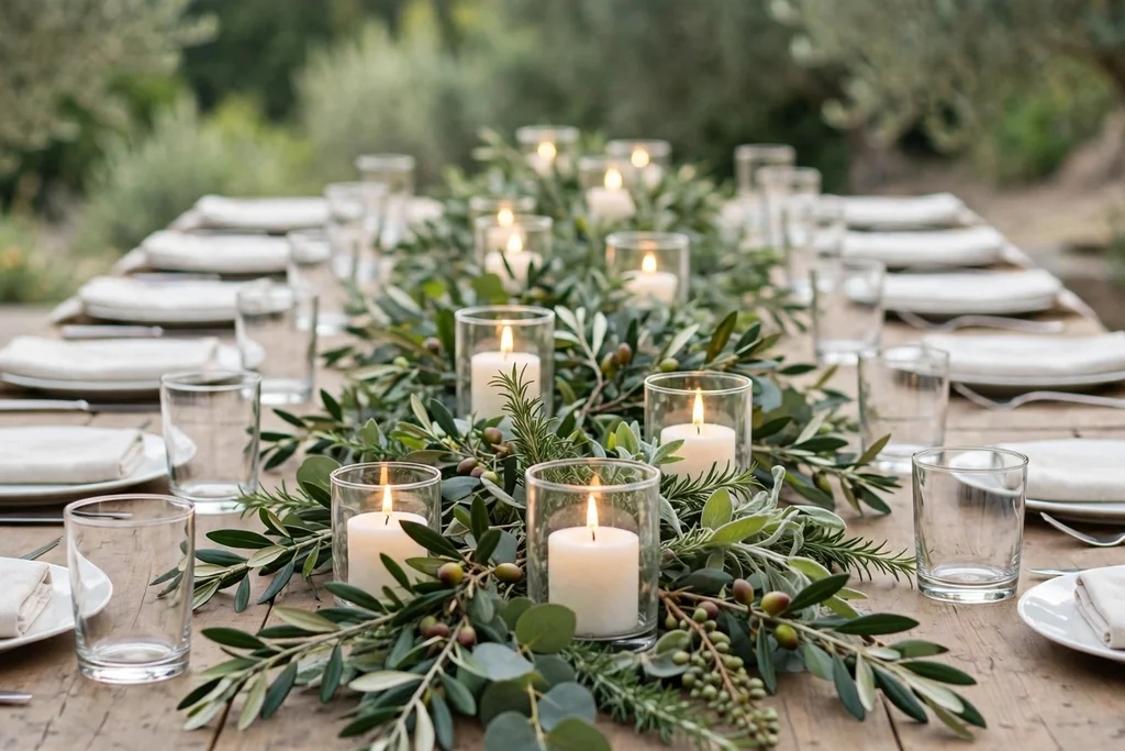 Low greenery runner down a dining table with short pillar candles in glass holders.