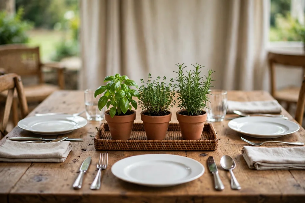 Three small potted herbs on a tray in the center of a dining table.