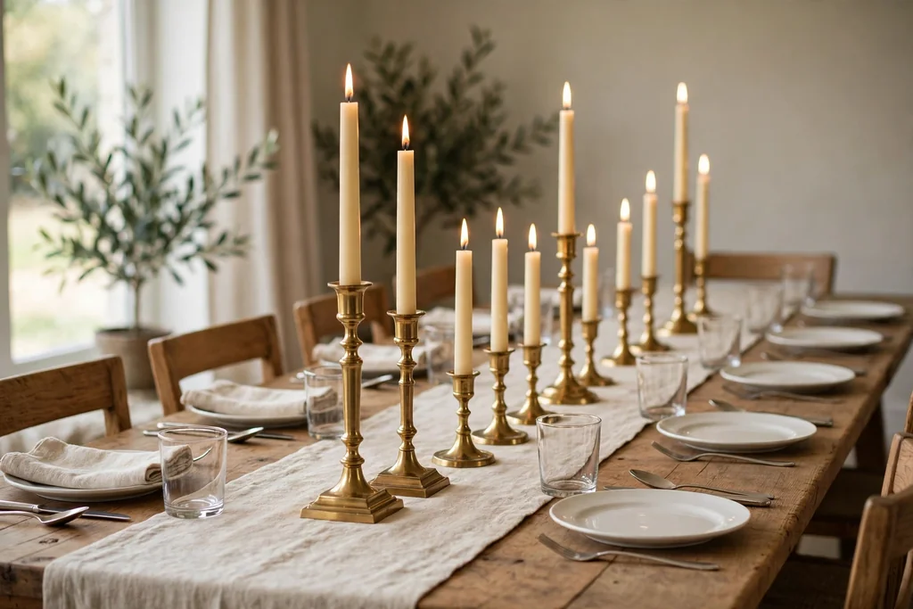 Brass candlesticks of two heights with cream taper candles down a dining table.