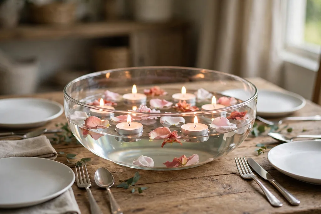 Wide glass bowl of water with floating candles and flower petals on a dining table.
