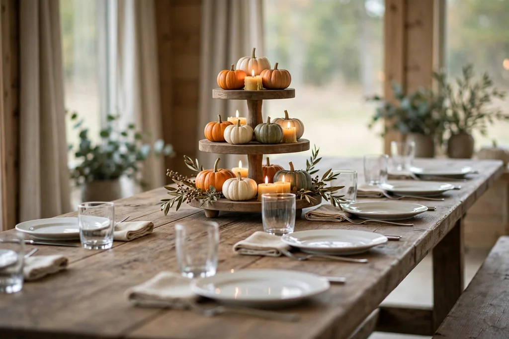 Tiered stand with small pumpkins and candles at the end of a dining table.