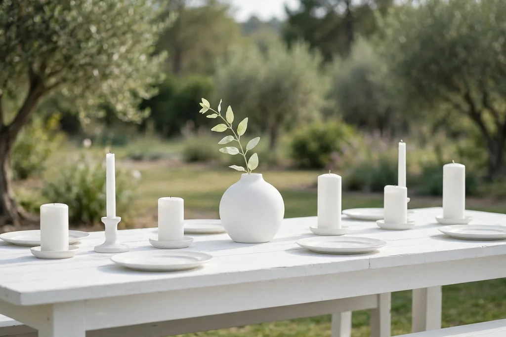 All white dining table with white candles, a white vase, and white plates.