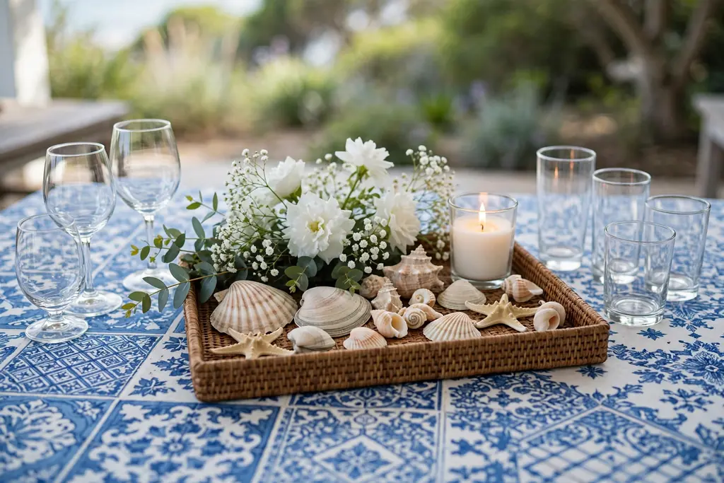 Tray with shells, white flowers, and a candle on a blue and white dining table.