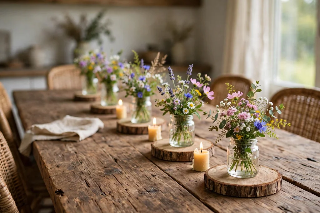 Small jars of wildflowers on round wood slices down a dining table.