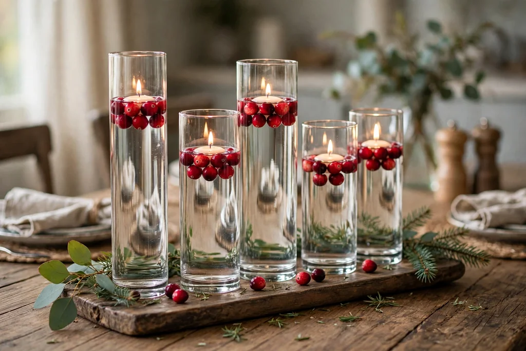 Tall glass cylinders with water, cranberries, and floating candles on a tray.
