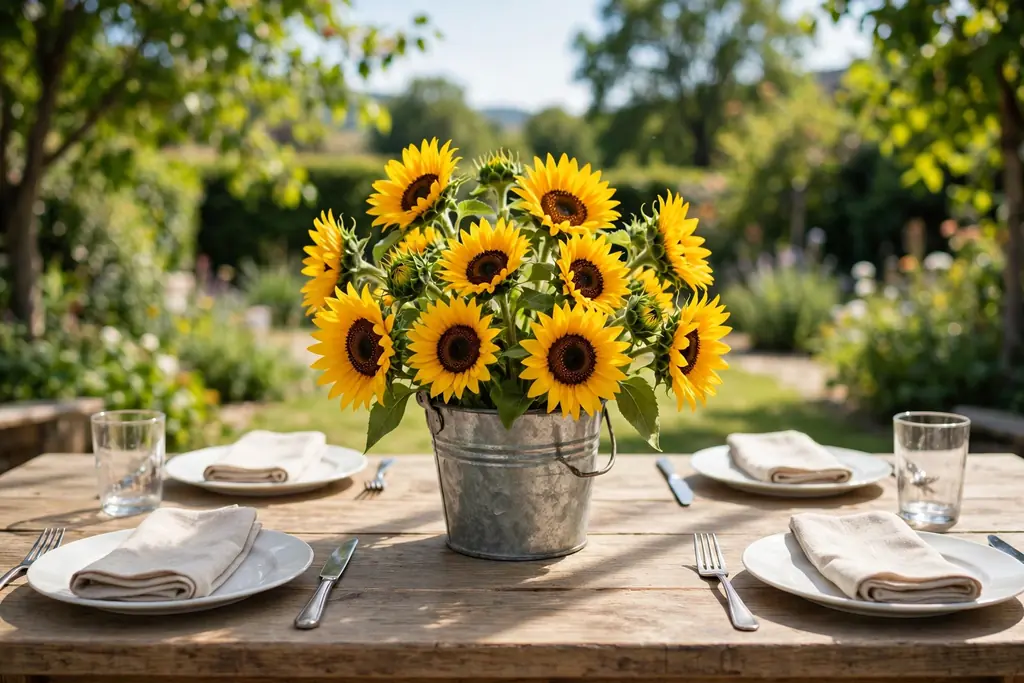 Small metal bucket of sunflowers in the center of a dining table.