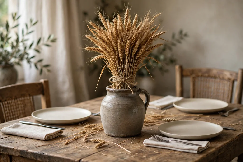 Bundle of dried wheat stems tied with twine in a stoneware jug on a dining table.