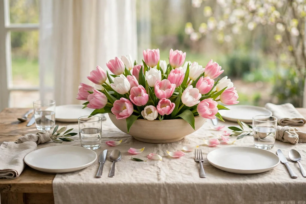 Low wide bowl of pink and white tulips on a spring dining table.