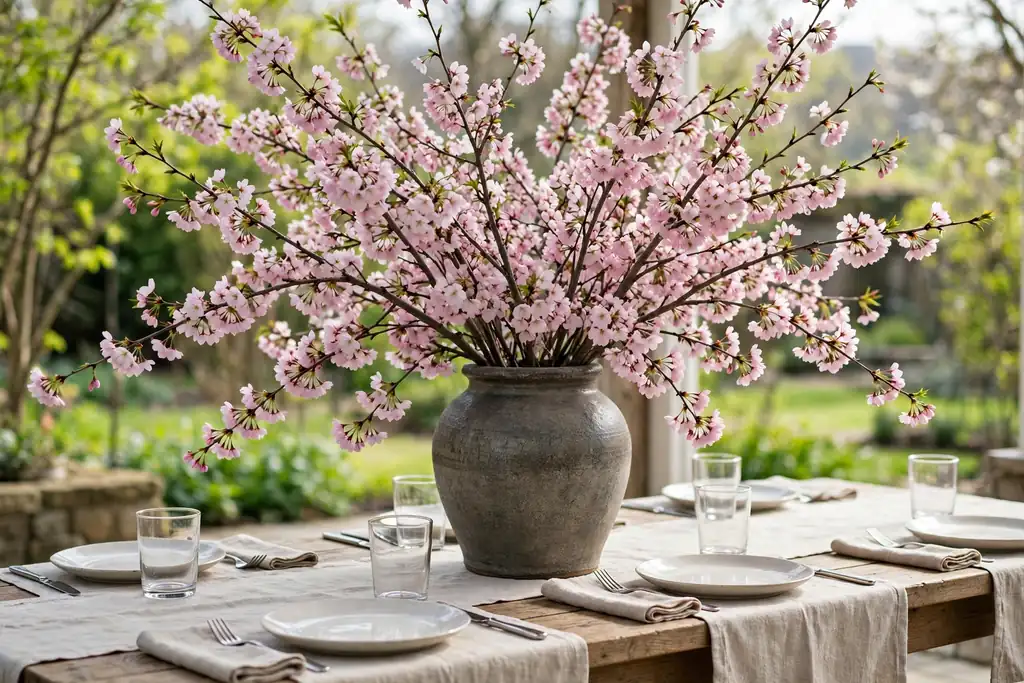 Cherry blossom branches in a heavy vase on a spring dining table.