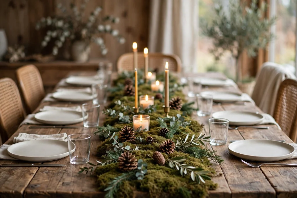 Moss runner with pinecones, sprigs, and candles down a dining table.