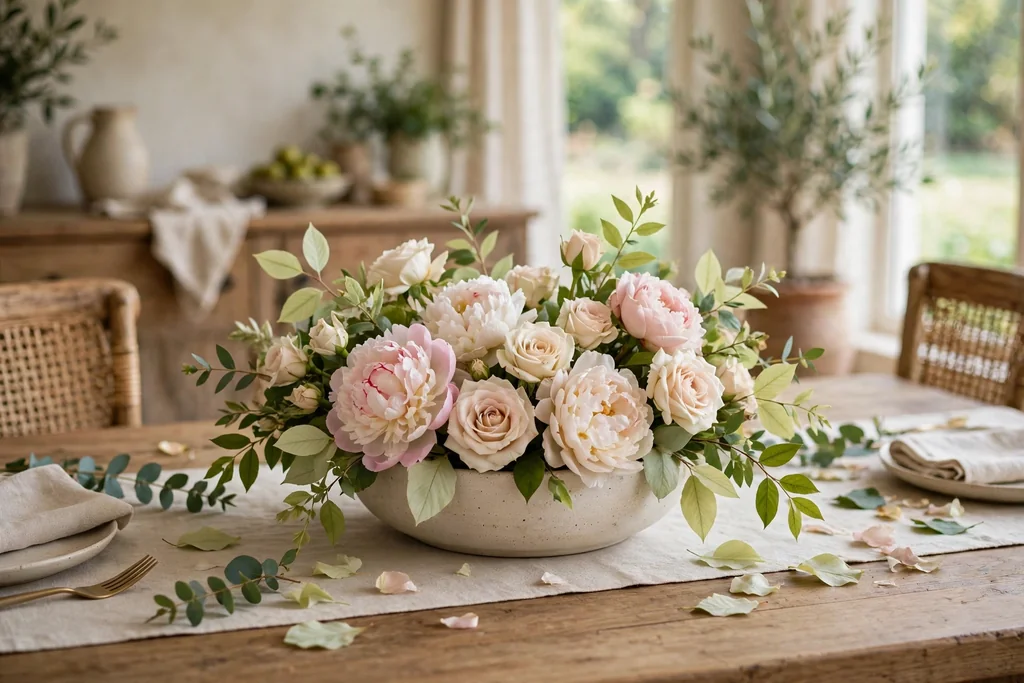 Low ceramic bowl of roses and peonies on a dining table.