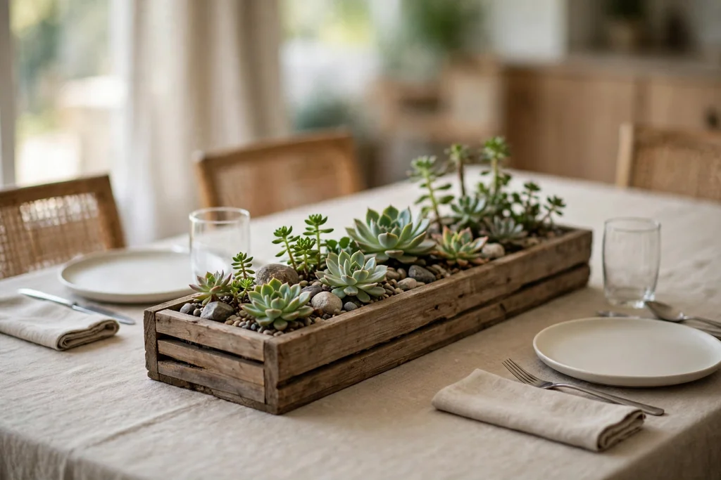 Low wooden planter box with small succulents on a dining table.