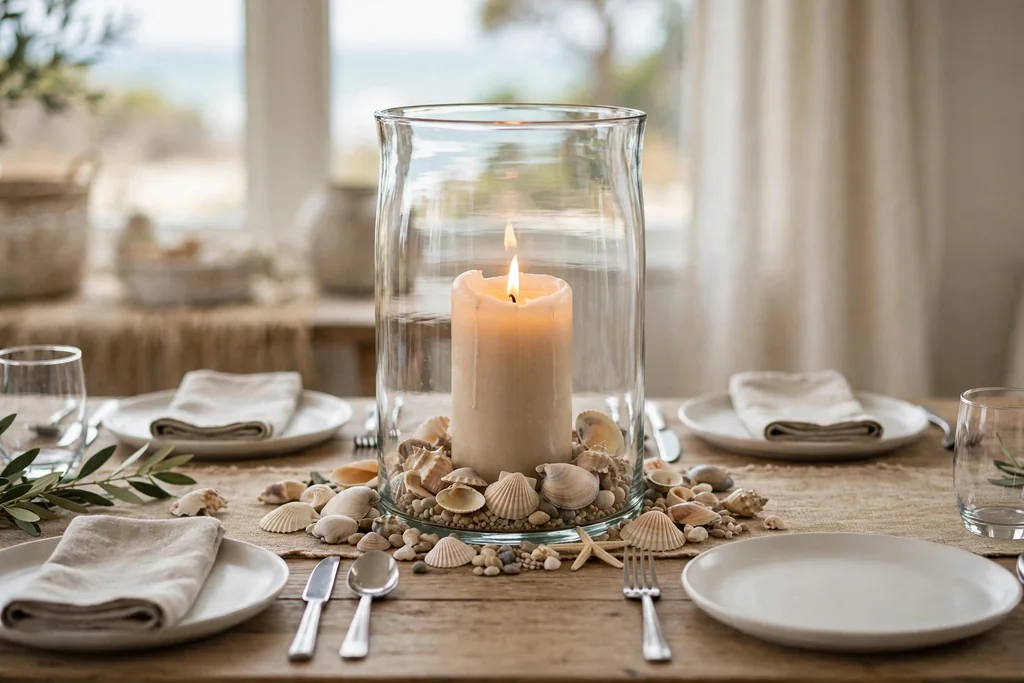 Large glass hurricane with a pillar candle and shells at its base on a dining table.