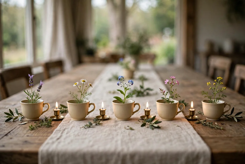 Small teacups each holding one short flower stem in a row down a dining table.