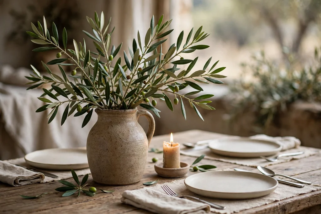 Olive branches in a stoneware jug on a dining table with a short candle beside it.