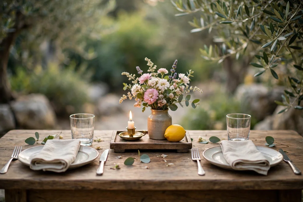 Small tray with one candle, a short vase of flowers, and a lemon on a small dining table.