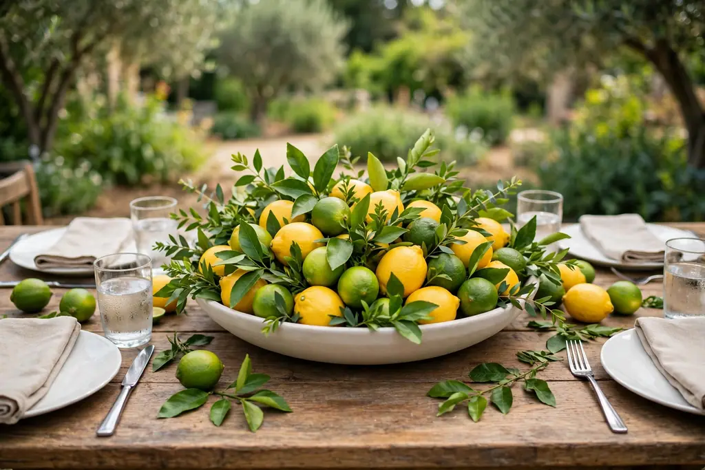 Wide shallow bowl of lemons and limes with green leaves on a summer dining table.