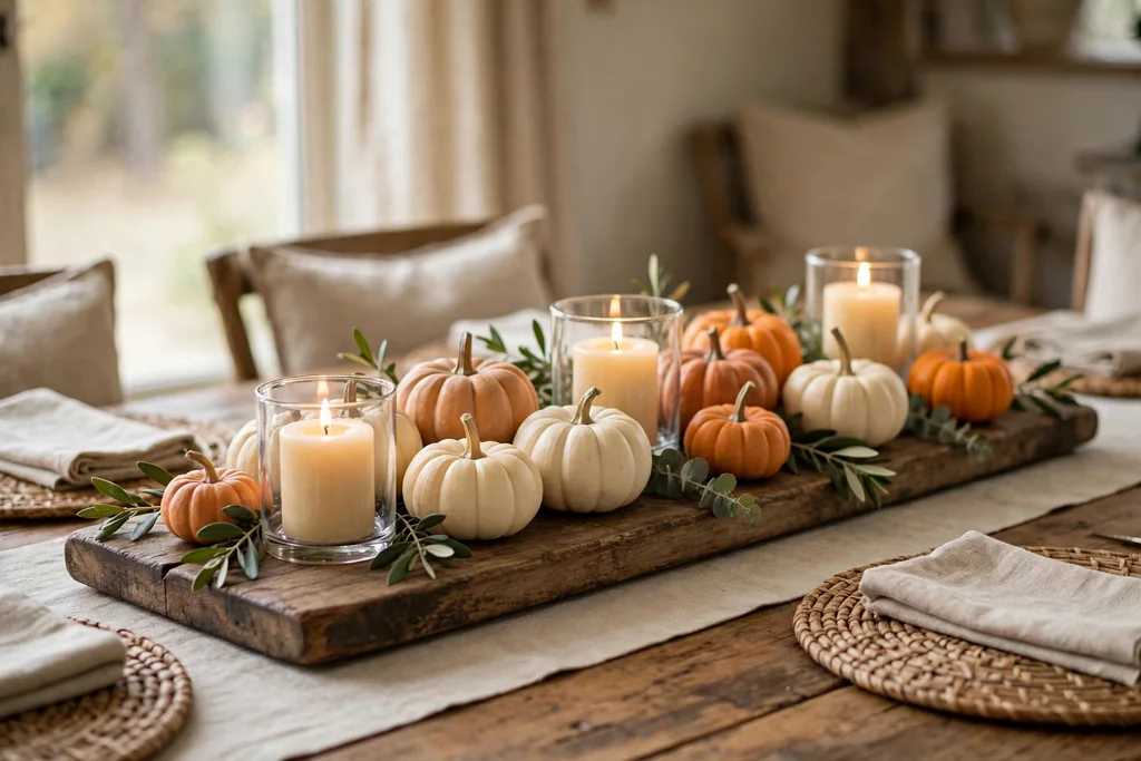 Wood board centerpiece with small pumpkins and short pillar candles on a dining table.