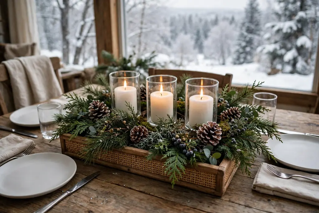 Tray with evergreen greenery, pinecones, and pillar candles on a winter dining table.