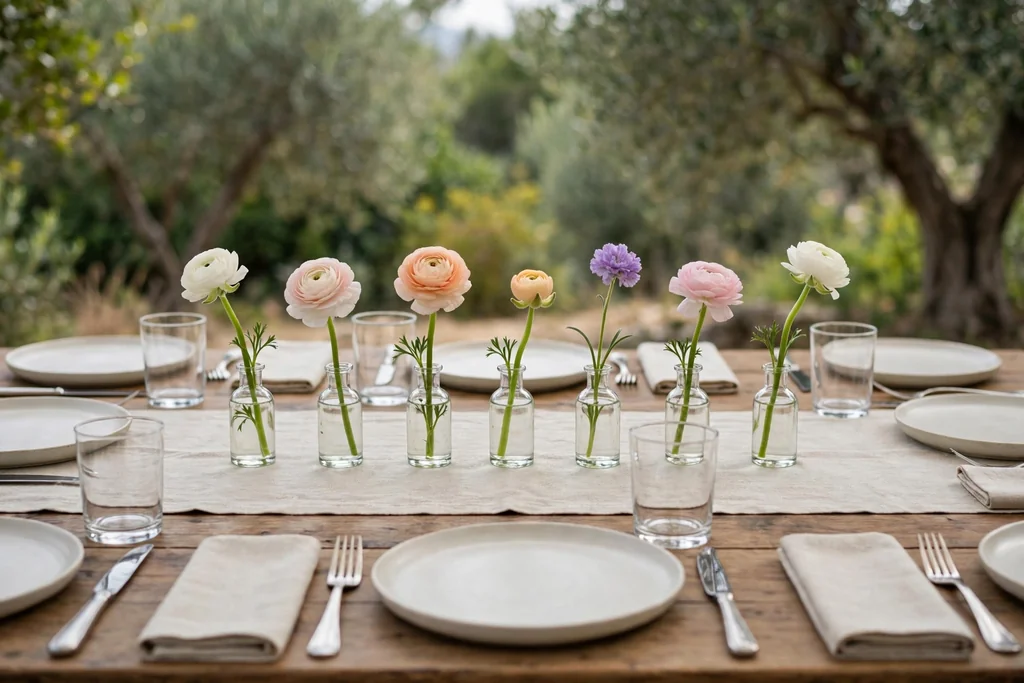 Row of small bud vases with single flower stems down the center of a dining table.