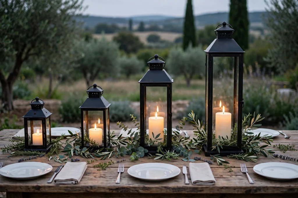 Lanterns of different heights with battery candles on a dining table.