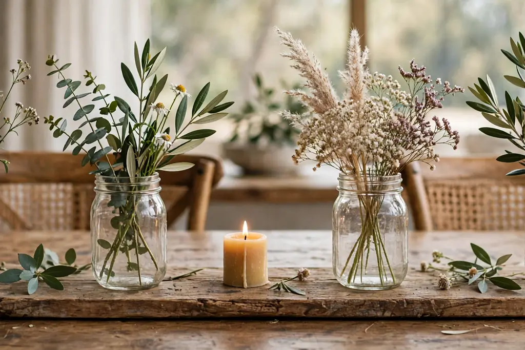 Mason jars with flower stems on a long wood board down a dining table.