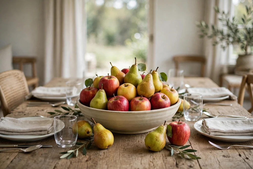 Wide shallow bowl of apples and pears as a centerpiece on a dining table.