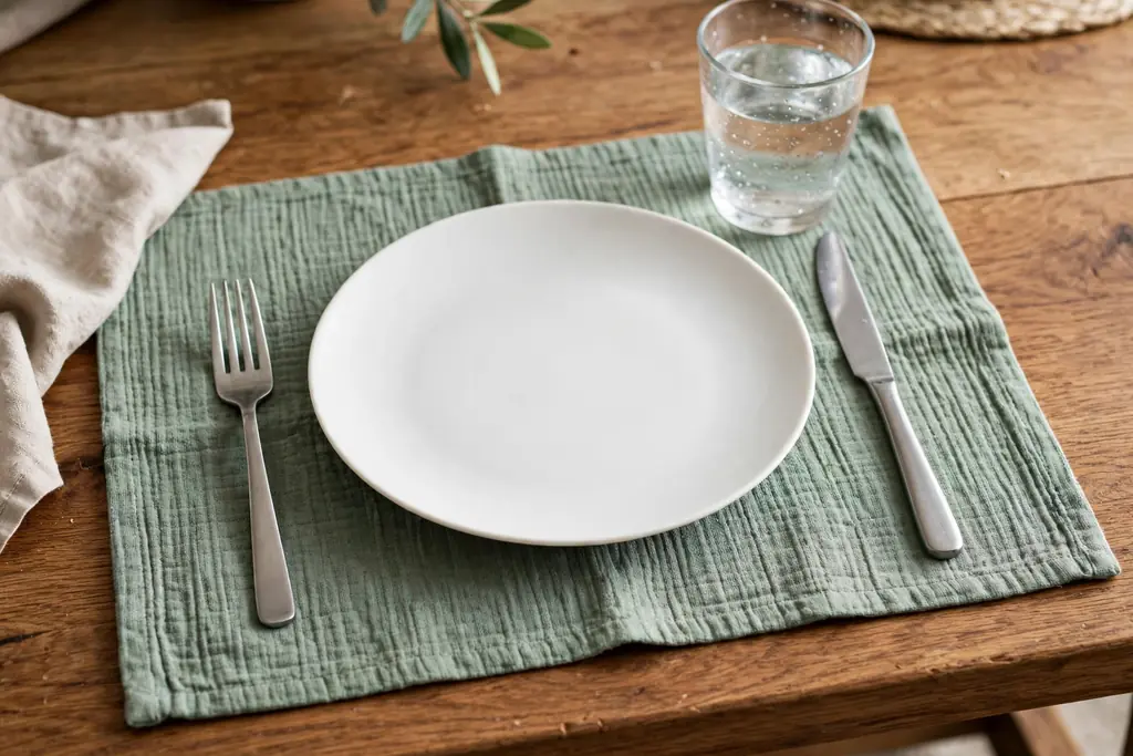 Everyday place setting with a washable placemat, a white plate, cutlery, and a glass.