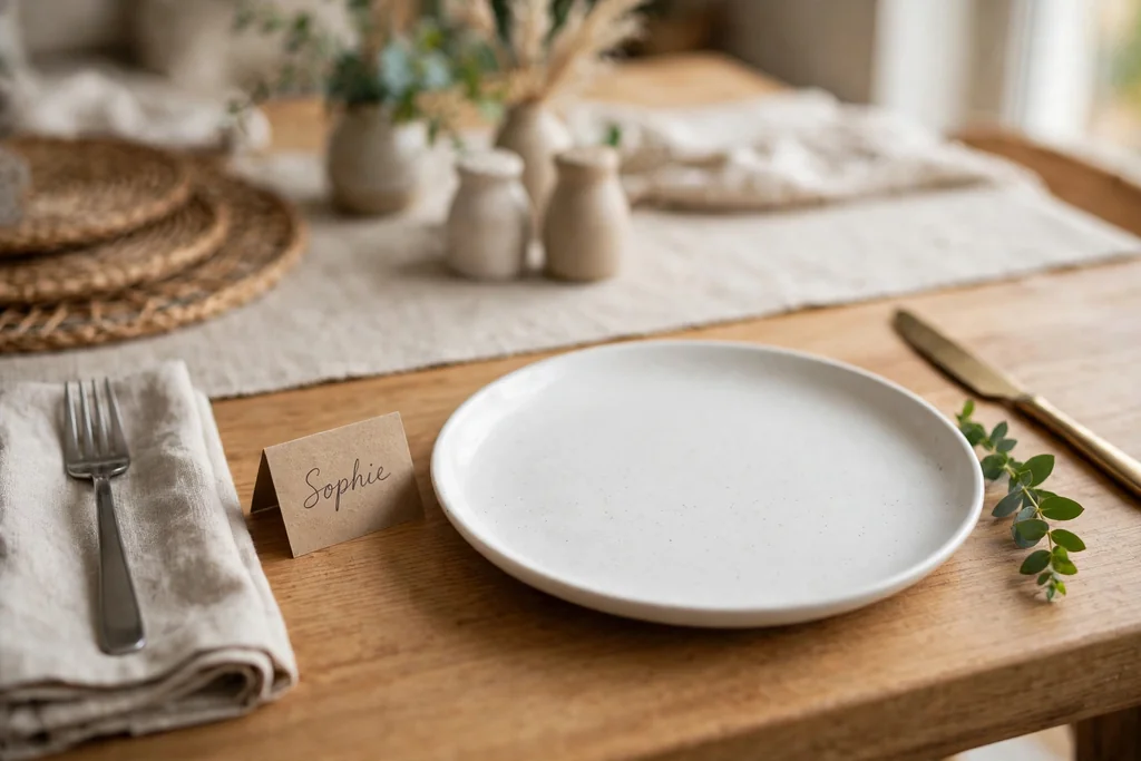 Place setting with a small handwritten place card and a green sprig beside the plate.