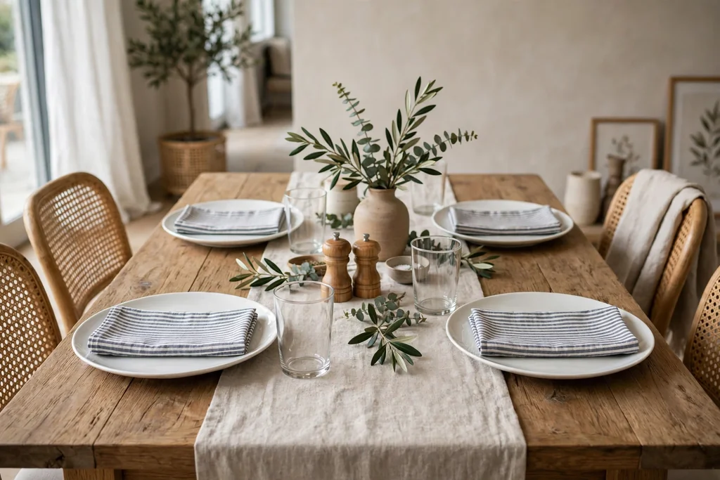 Dining table with striped napkins, solid white plates, and plain glasses.