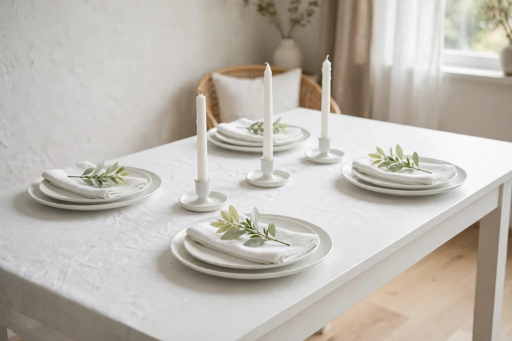 All white dining table with white plates, white napkins, and white candles.