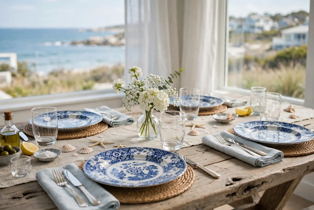 Coastal dining table with blue and white plates, clear glasses, and white flowers.