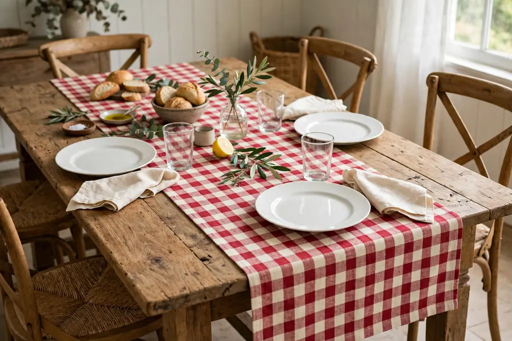 Farmhouse table with a red and cream check runner and white plates.