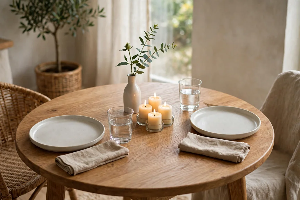 Small table for two with matching settings, one candle group, and a single stem vase.